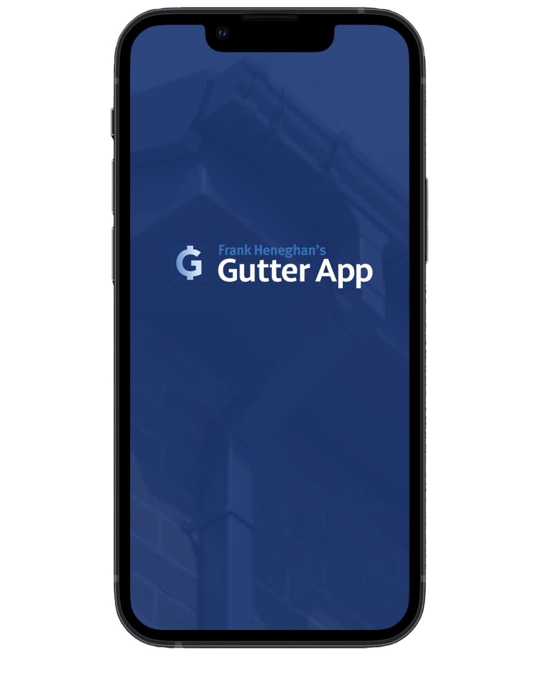 A smartphone displaying the GutterApp™ splash screen, featuring the app’s logo and a sleek blue background with an image of a home’s gutters.